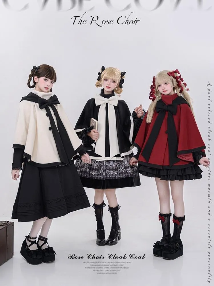 Elegant Lolita Winter Coat Black and White Camellia Cape