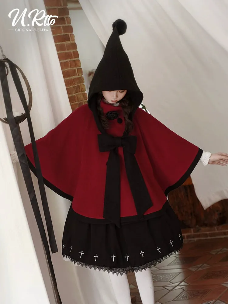 Elegant Lolita Winter Coat Black and White Camellia Cape