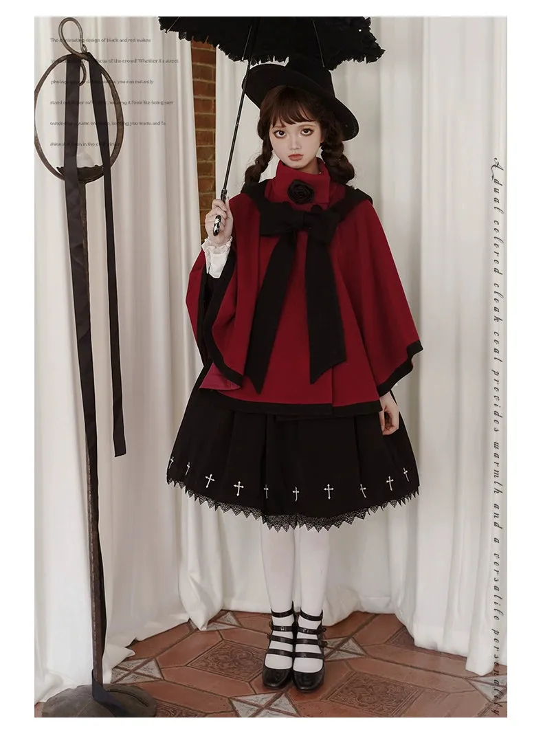 Elegant Lolita Winter Coat Black and White Camellia Cape