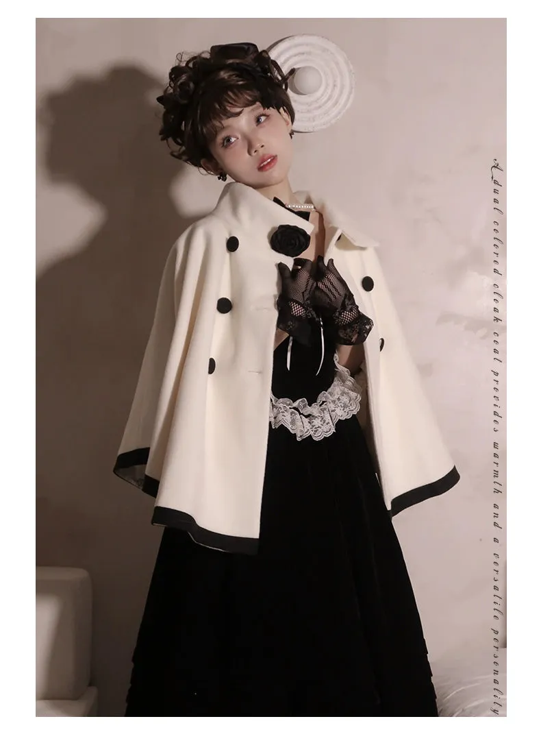Elegant Lolita Winter Coat Black and White Camellia Cape