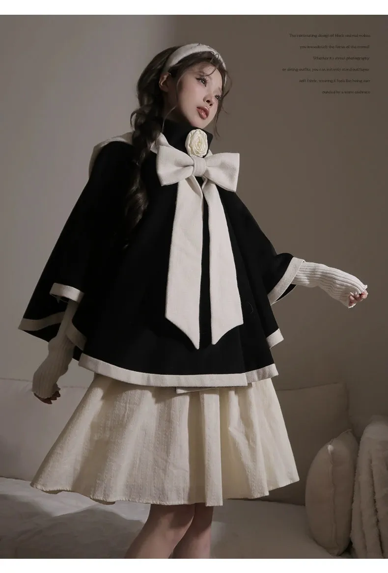 Elegant Lolita Winter Coat Black and White Camellia Cape