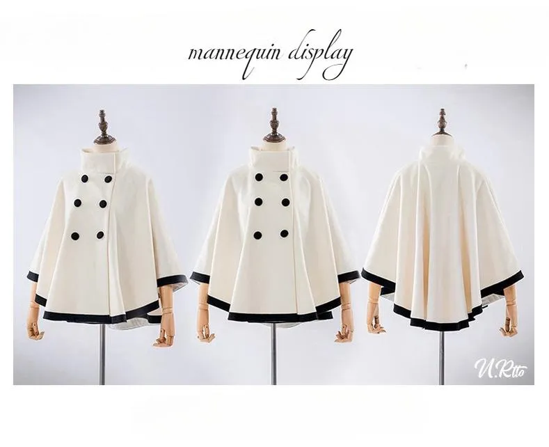 Elegant Lolita Winter Coat Black and White Camellia Cape