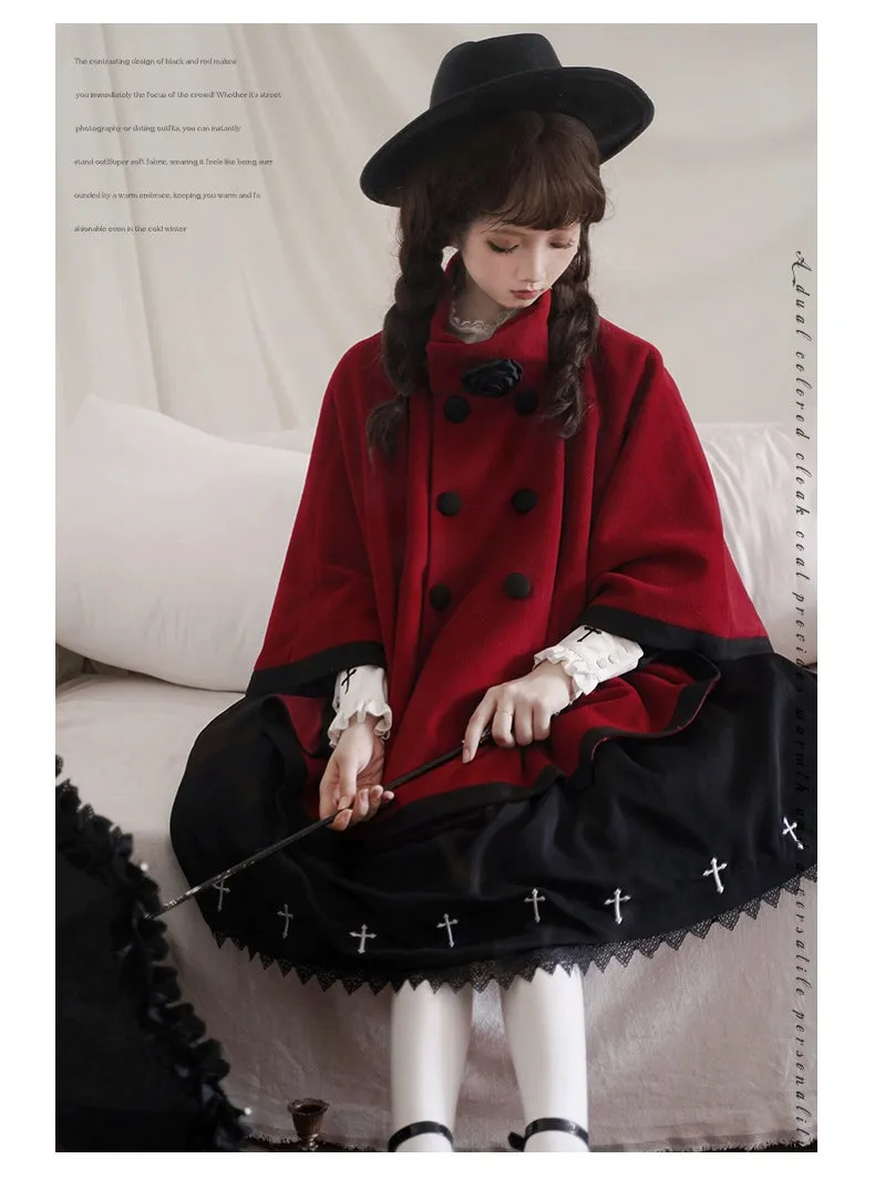 Elegant Lolita Winter Coat Black and White Camellia Cape