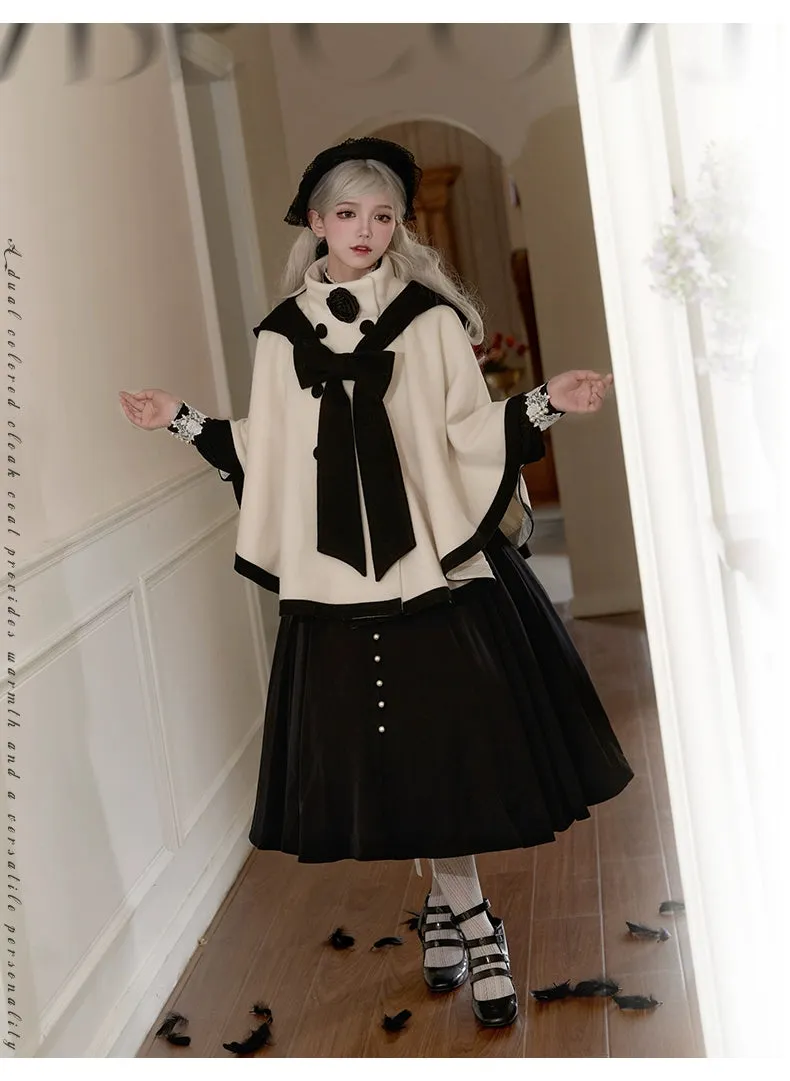 Elegant Lolita Winter Coat Black and White Camellia Cape