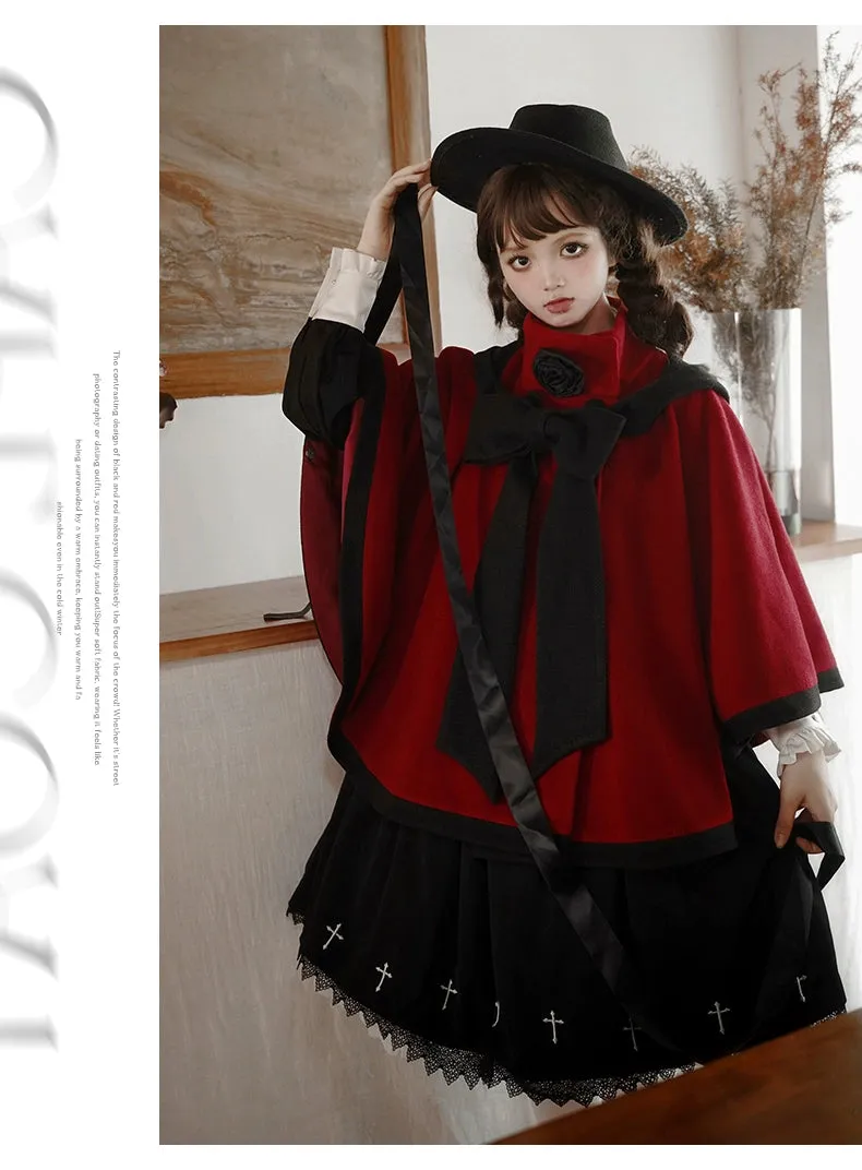 Elegant Lolita Winter Coat Black and White Camellia Cape