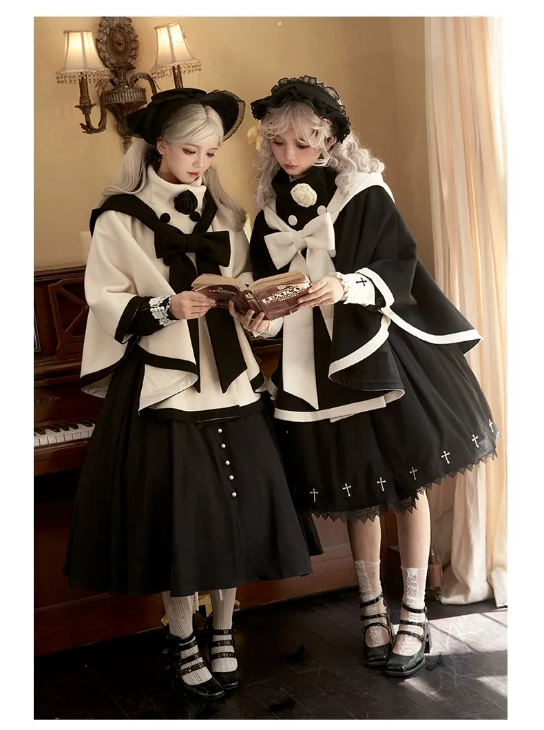 Elegant Lolita Winter Coat Black and White Camellia Cape