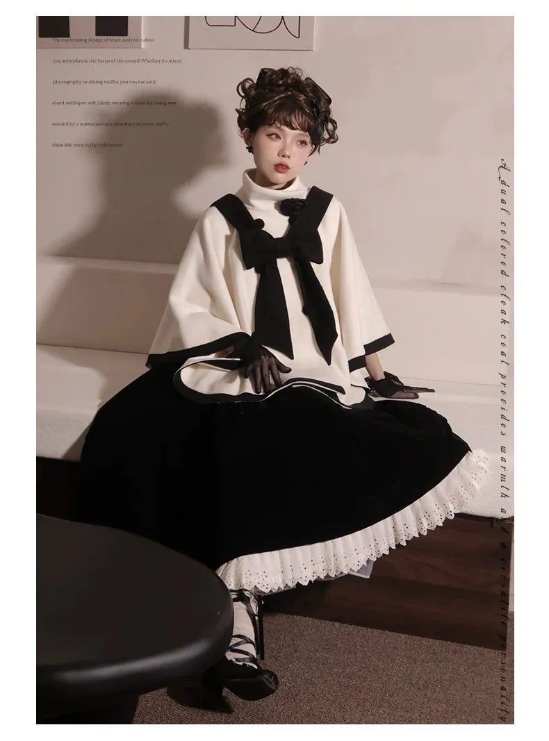 Elegant Lolita Winter Coat Black and White Camellia Cape