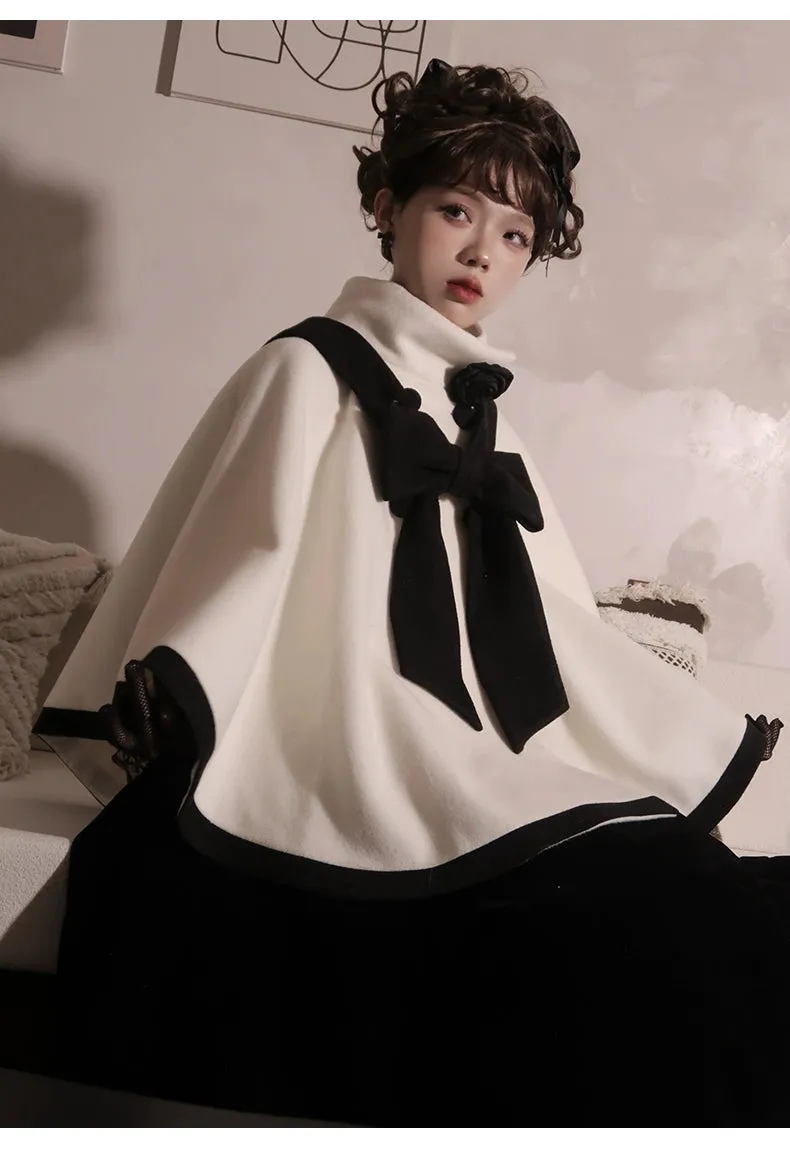 Elegant Lolita Winter Coat Black and White Camellia Cape