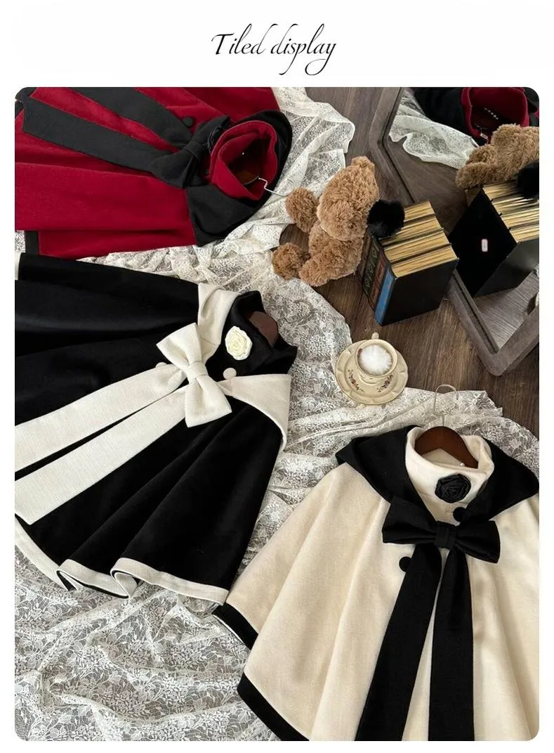 Elegant Lolita Winter Coat Black and White Camellia Cape