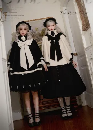Elegant Lolita Winter Coat Black and White Camellia Cape