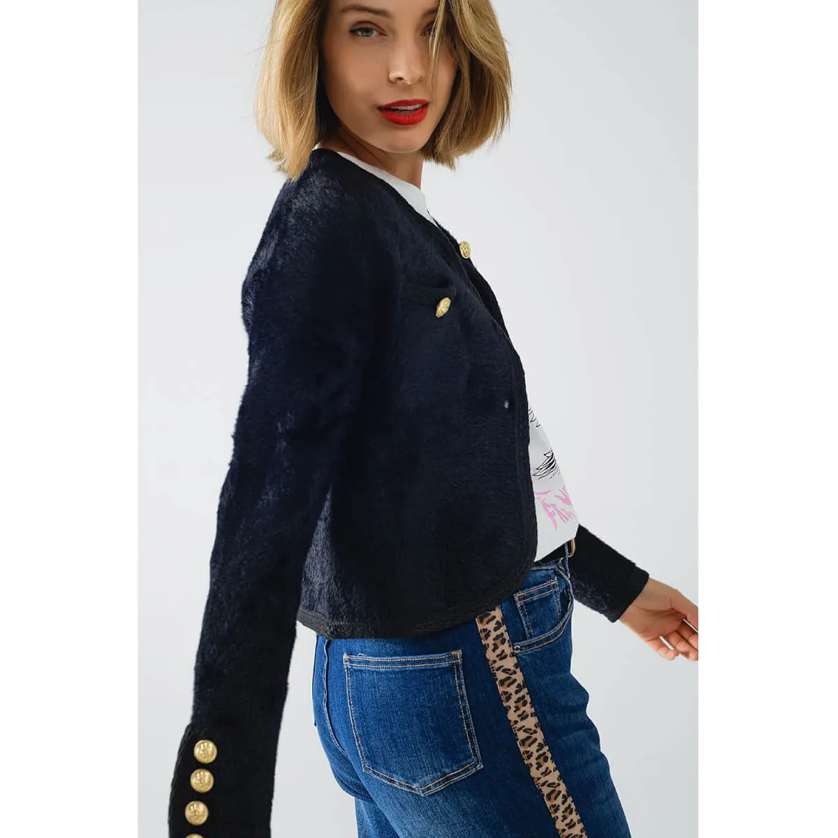Fuzzy Knit Button Up Lady Coat Cardigan