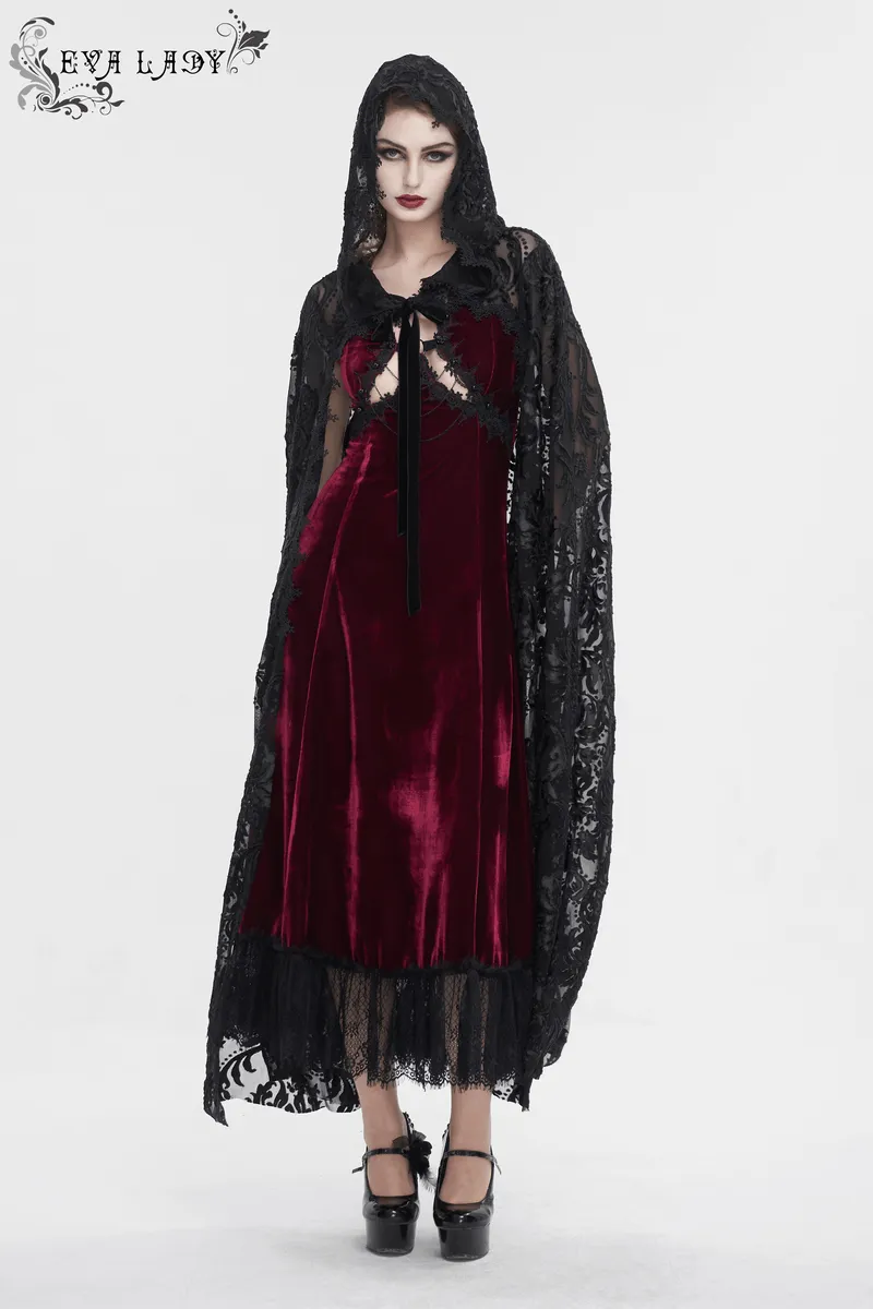 Gothic Embroidery Loose Cape WIth Hood / Long Lace Coat With Tie On Front