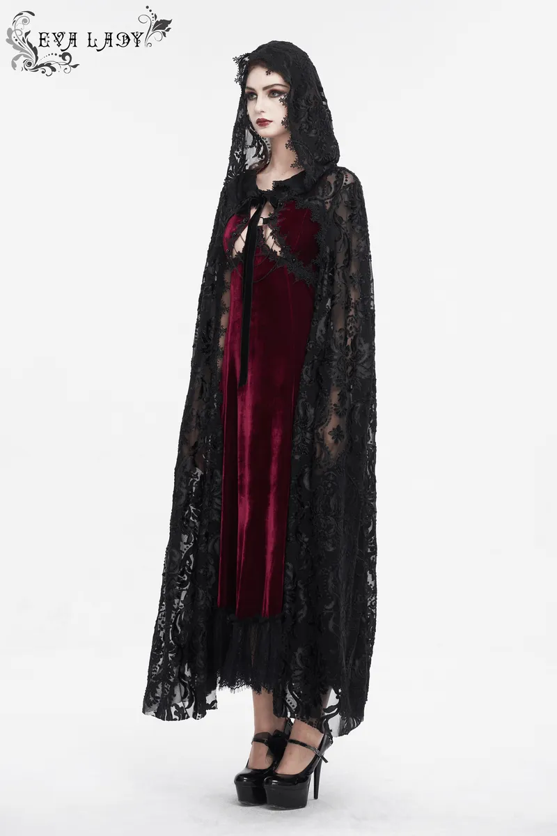 Gothic Embroidery Loose Cape WIth Hood / Long Lace Coat With Tie On Front
