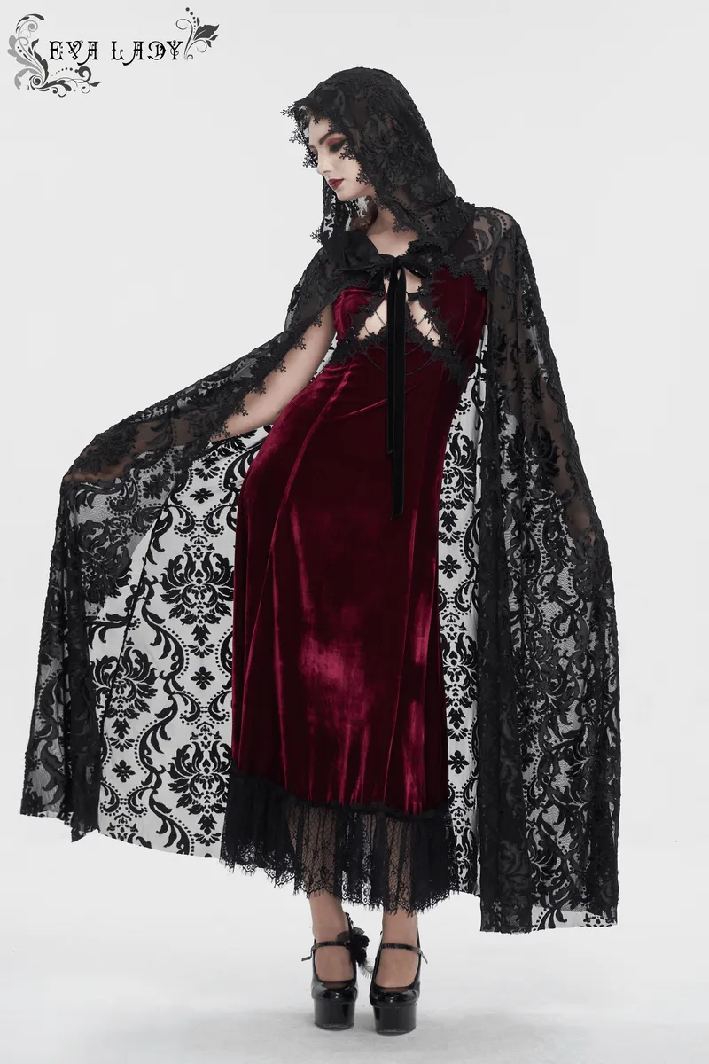 Gothic Embroidery Loose Cape WIth Hood / Long Lace Coat With Tie On Front
