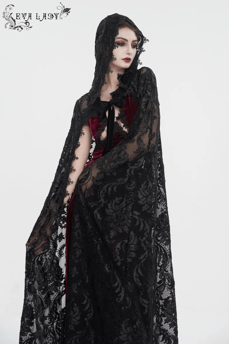 Gothic Embroidery Loose Cape WIth Hood / Long Lace Coat With Tie On Front