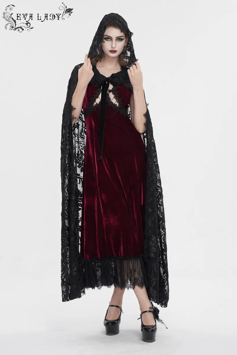 Gothic Embroidery Loose Cape WIth Hood / Long Lace Coat With Tie On Front