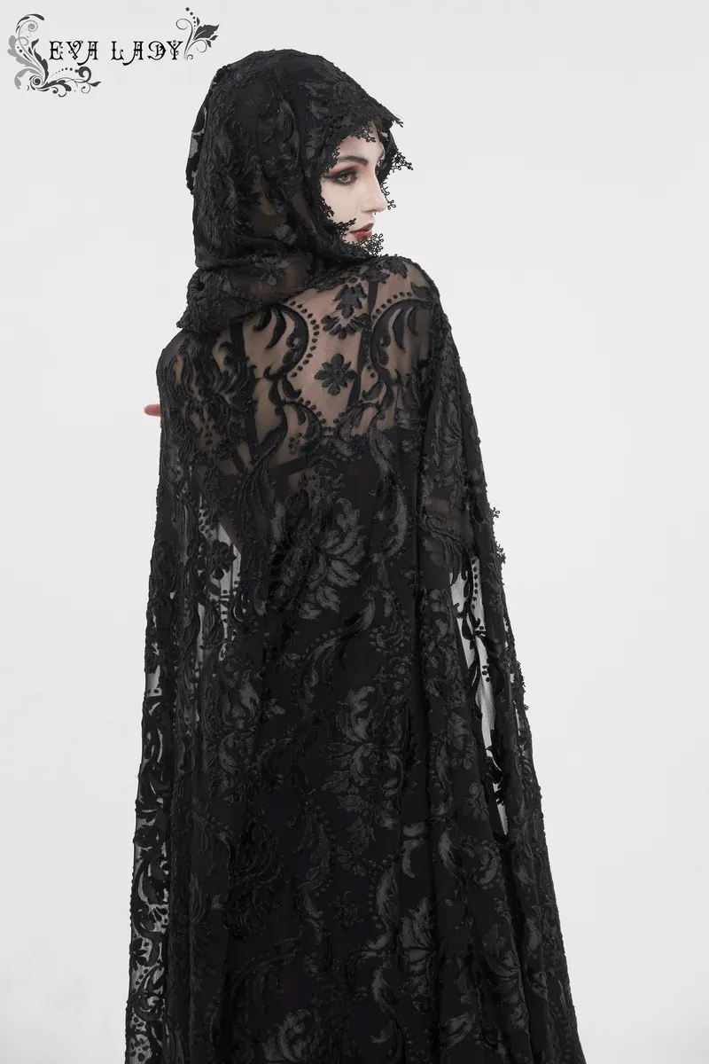 Gothic Embroidery Loose Cape WIth Hood / Long Lace Coat With Tie On Front