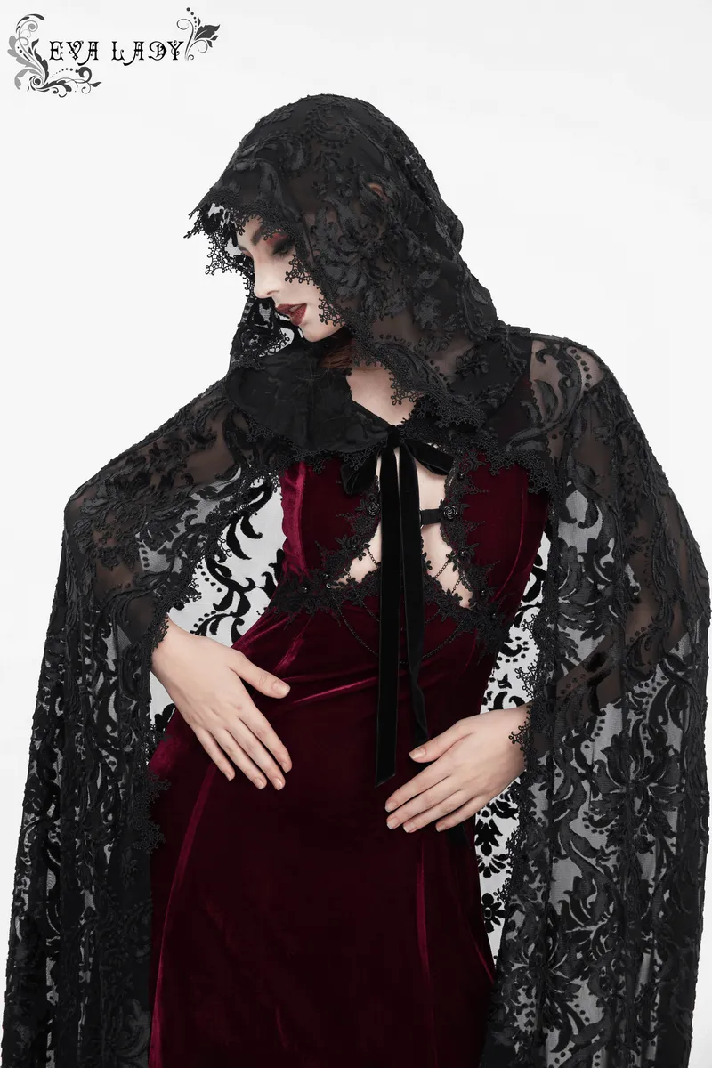 Gothic Embroidery Loose Cape WIth Hood / Long Lace Coat With Tie On Front