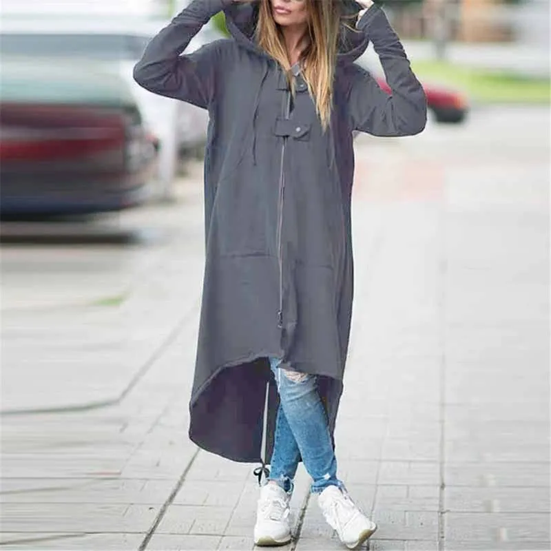 Long Style Women's Zipper Coat Hoodie Sweatshirt Street Style