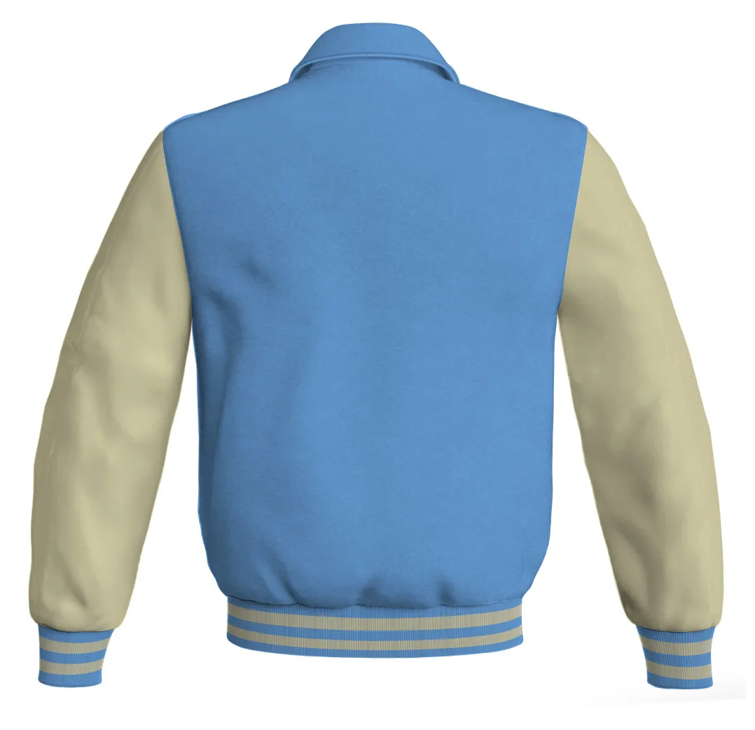 Luxury Bomber Classic Jacket Sky Blue Body and Cream Leather Sleeves