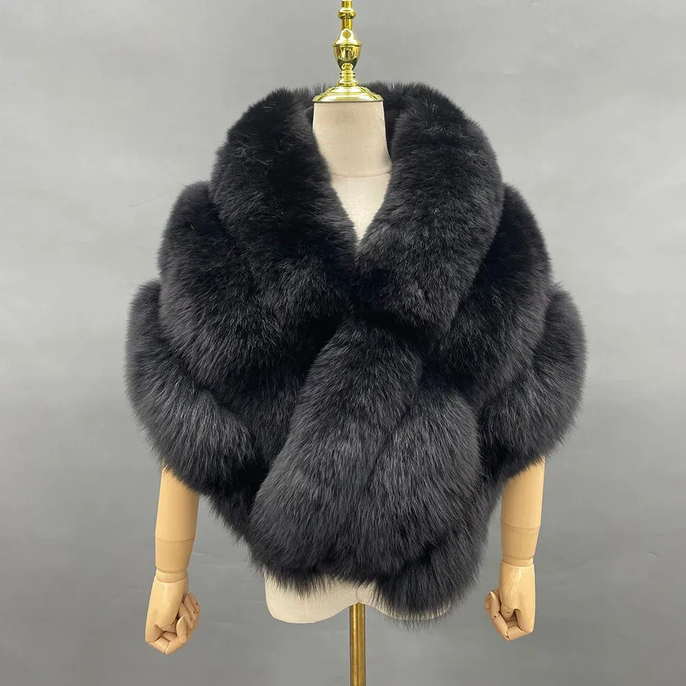 Luxury Real Fox Fur Shawl Poncho for Women – Elegant Winter Cape Coat for Weddings, Formal Parties & Bridal Events 2024