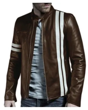 Men Brown Genuine Leather Jacket With White Stripes
