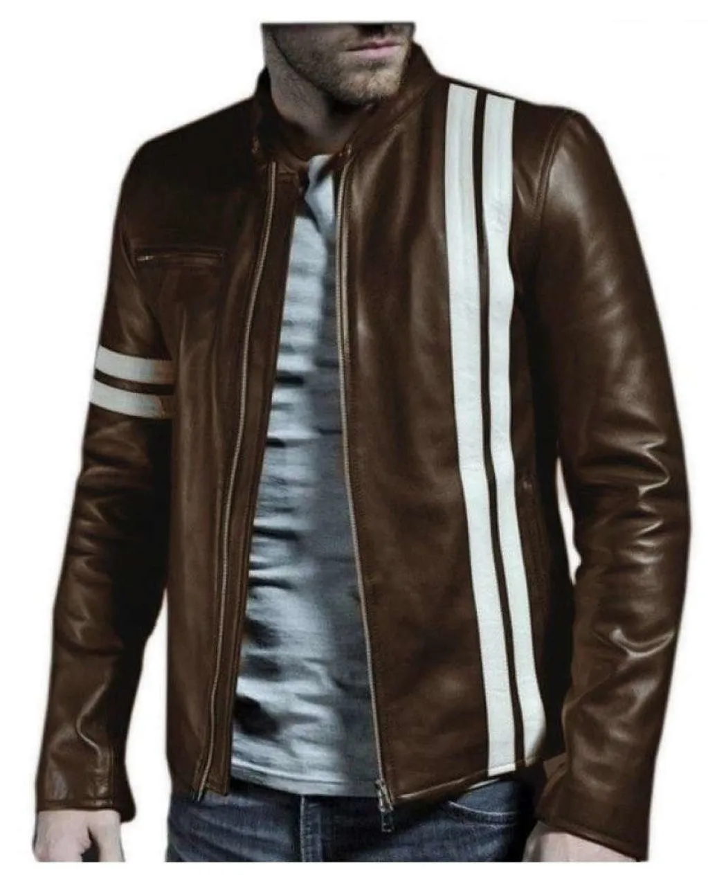 Men Brown Genuine Leather Jacket With White Stripes