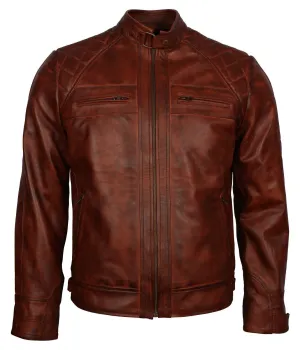 Men's Brown Diamond Quilted Genuine Leather Cafe Racer Jacket