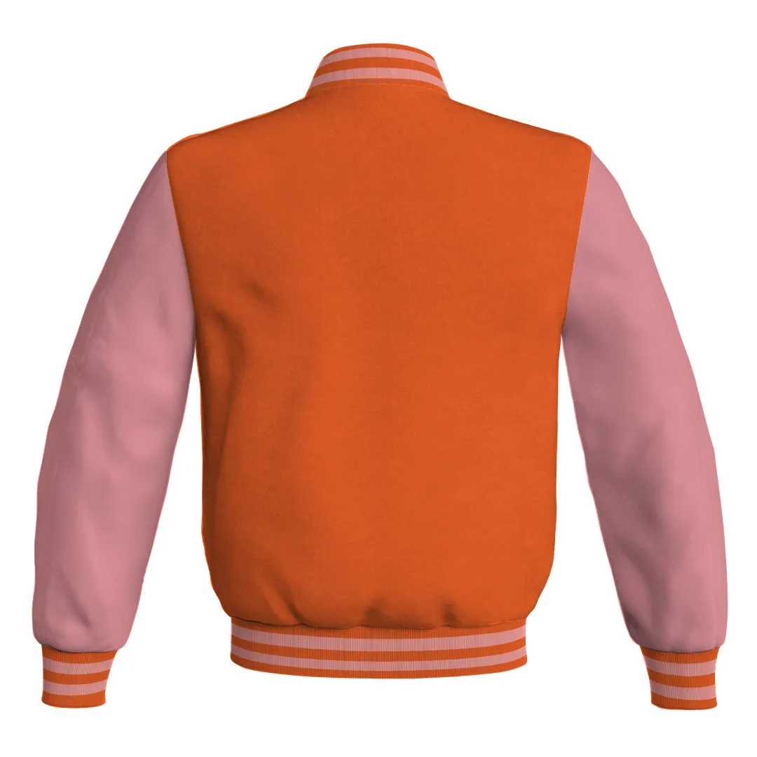 Mens Letterman Jacket Orange Body and Pink Leather Sleeves Bomber Jacket
