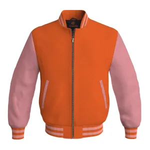 Mens Letterman Jacket Orange Body and Pink Leather Sleeves Bomber Jacket