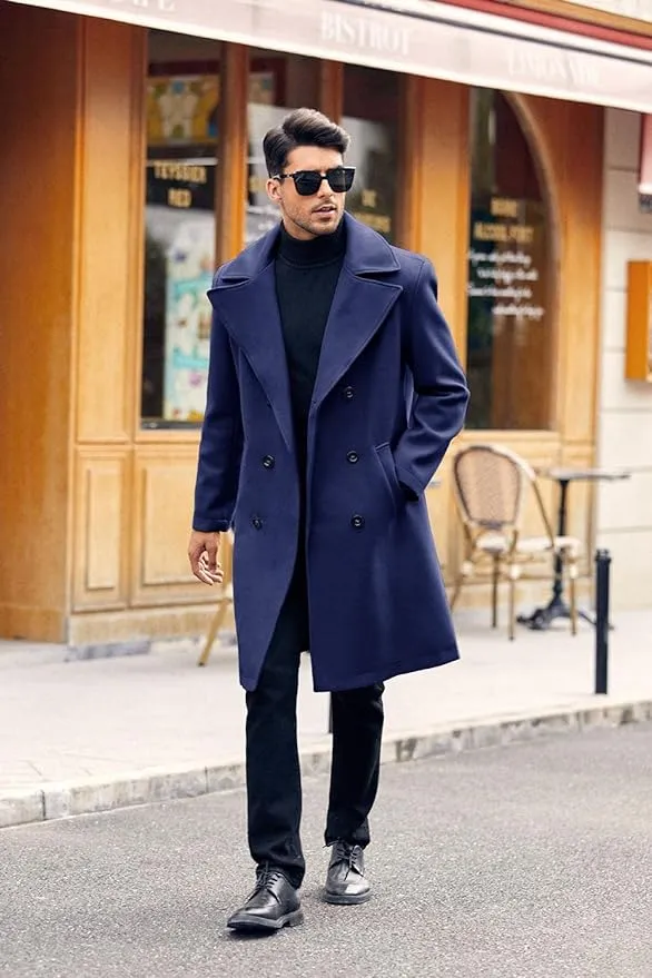 Men's Stylish Navy Blue Lapel Collar Breasted Trench Coat