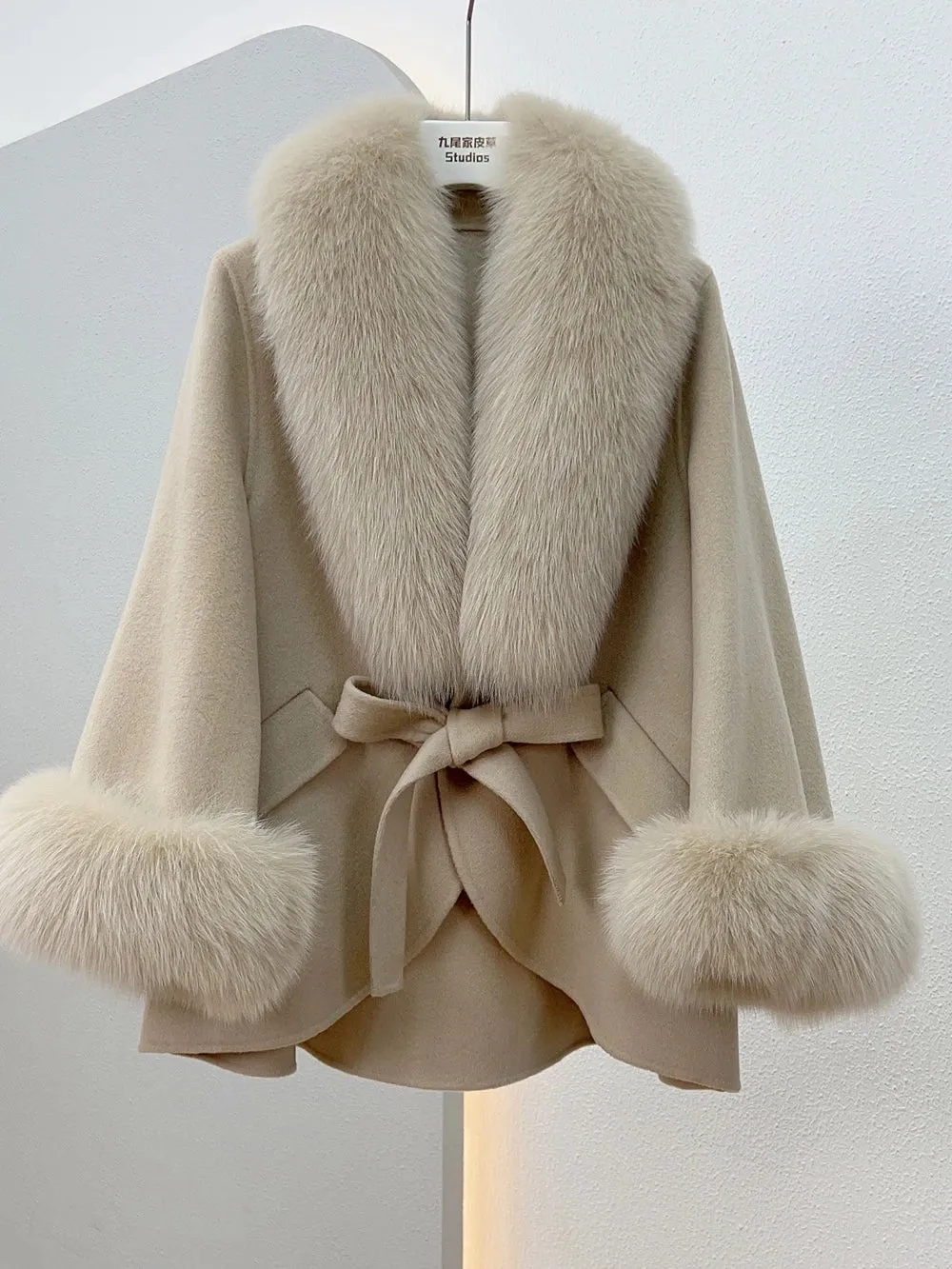 Mid-Length Slimming Cape Fox Fur Coat - Wool