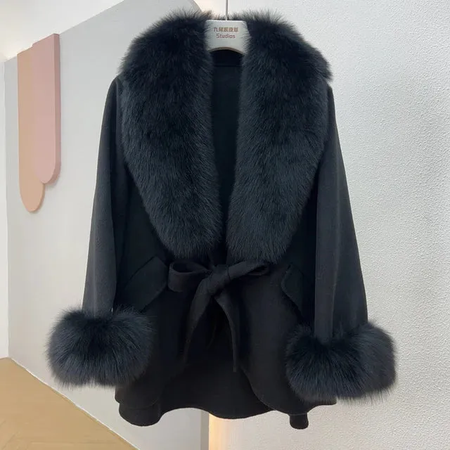 Mid-Length Slimming Cape Fox Fur Coat - Wool