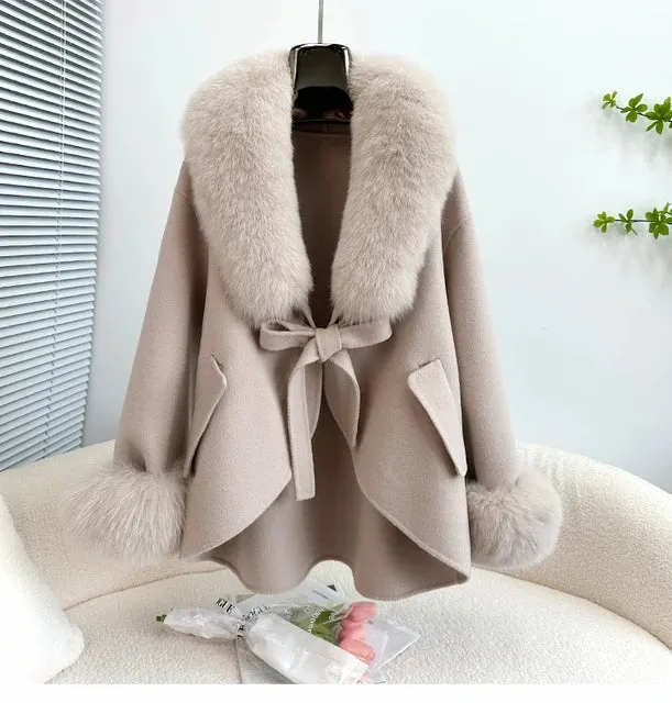 Mid-Length Slimming Cape Fox Fur Coat - Wool