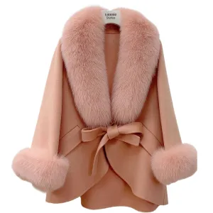 Mid-Length Slimming Cape Fox Fur Coat - Wool
