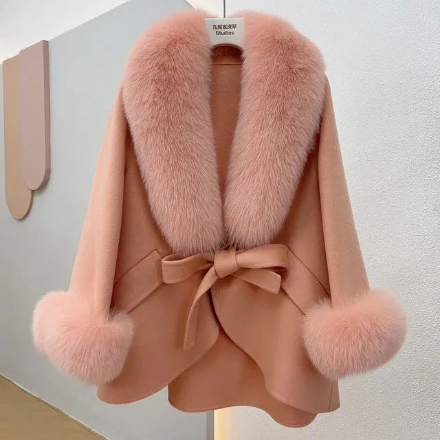 Mid-Length Slimming Cape Fox Fur Coat - Wool