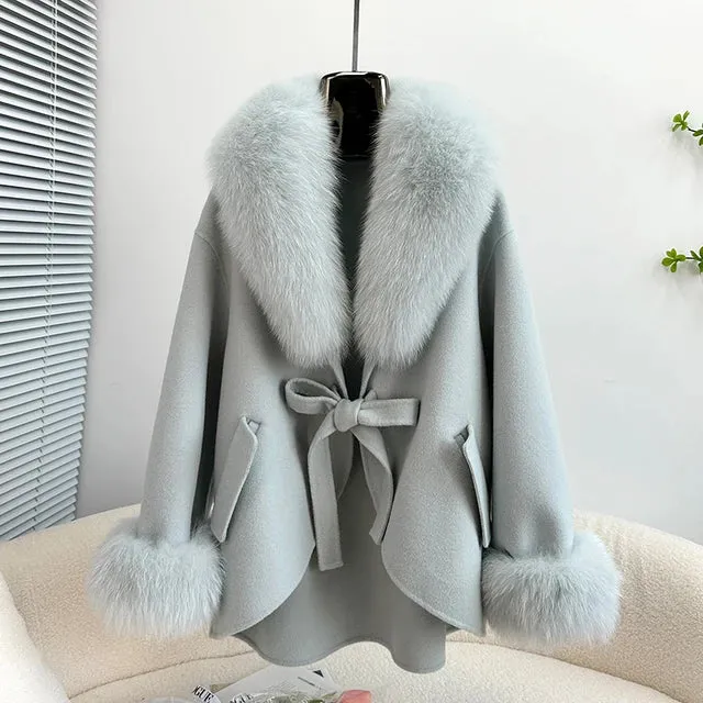 Mid-Length Slimming Cape Fox Fur Coat - Wool
