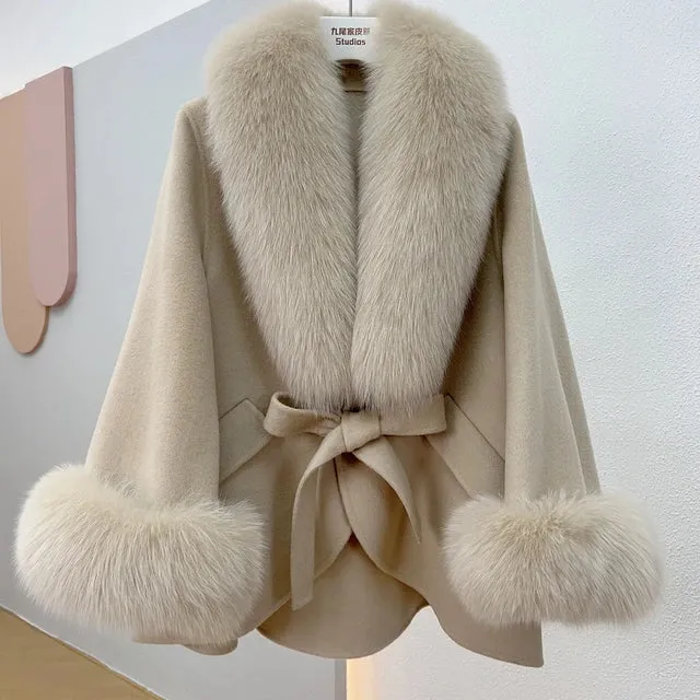 Mid-Length Slimming Cape Fox Fur Coat - Wool