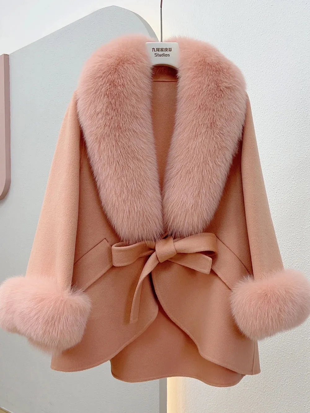 Mid-Length Slimming Cape Fox Fur Coat - Wool
