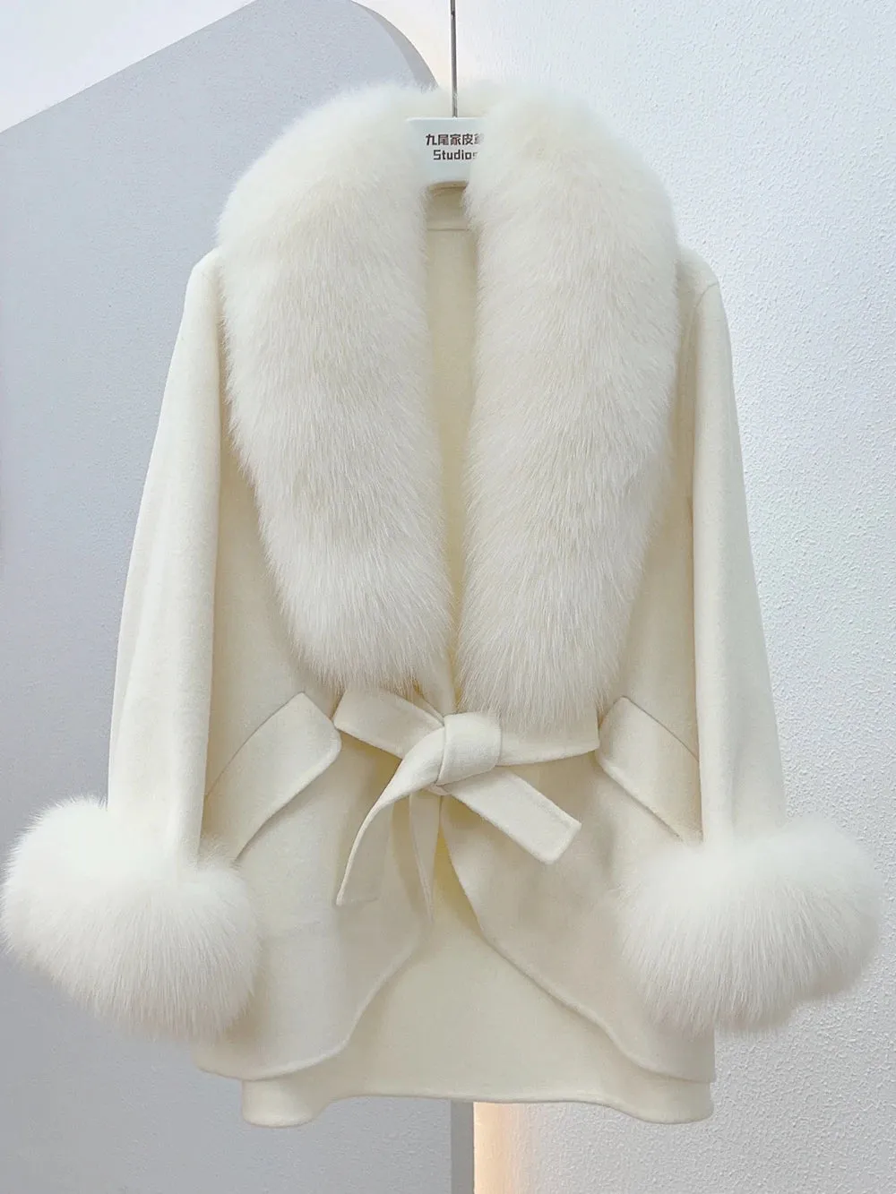 Mid-Length Slimming Cape Fox Fur Coat - Wool