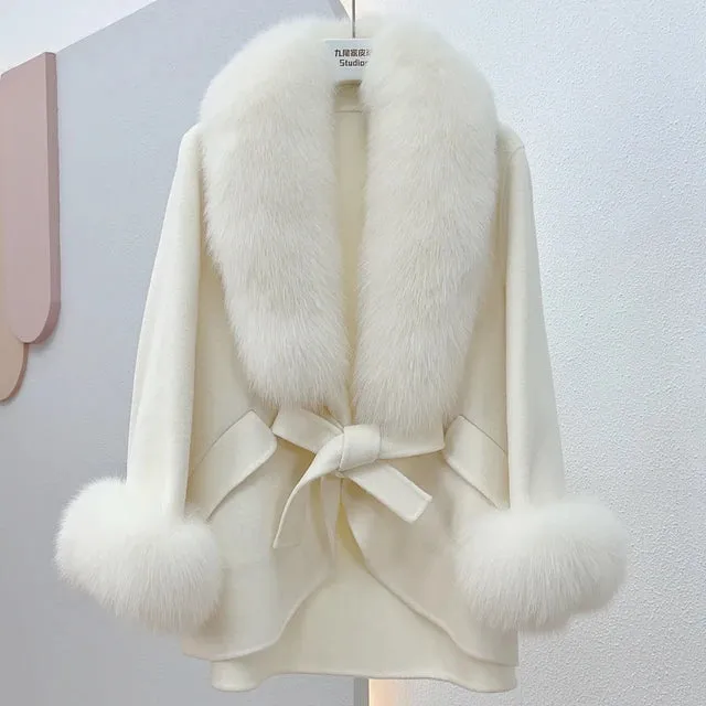 Mid-Length Slimming Cape Fox Fur Coat - Wool