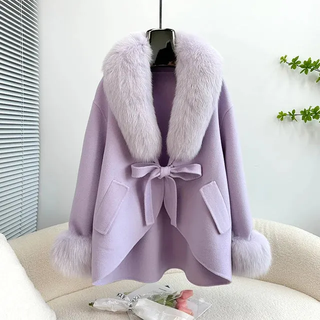 Mid-Length Slimming Cape Fox Fur Coat - Wool
