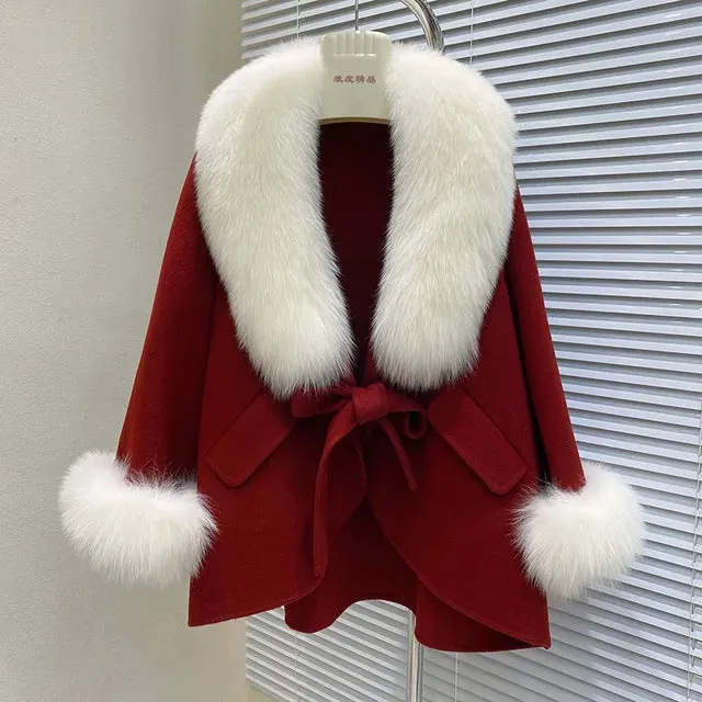 Mid-Length Slimming Cape Fox Fur Coat - Wool