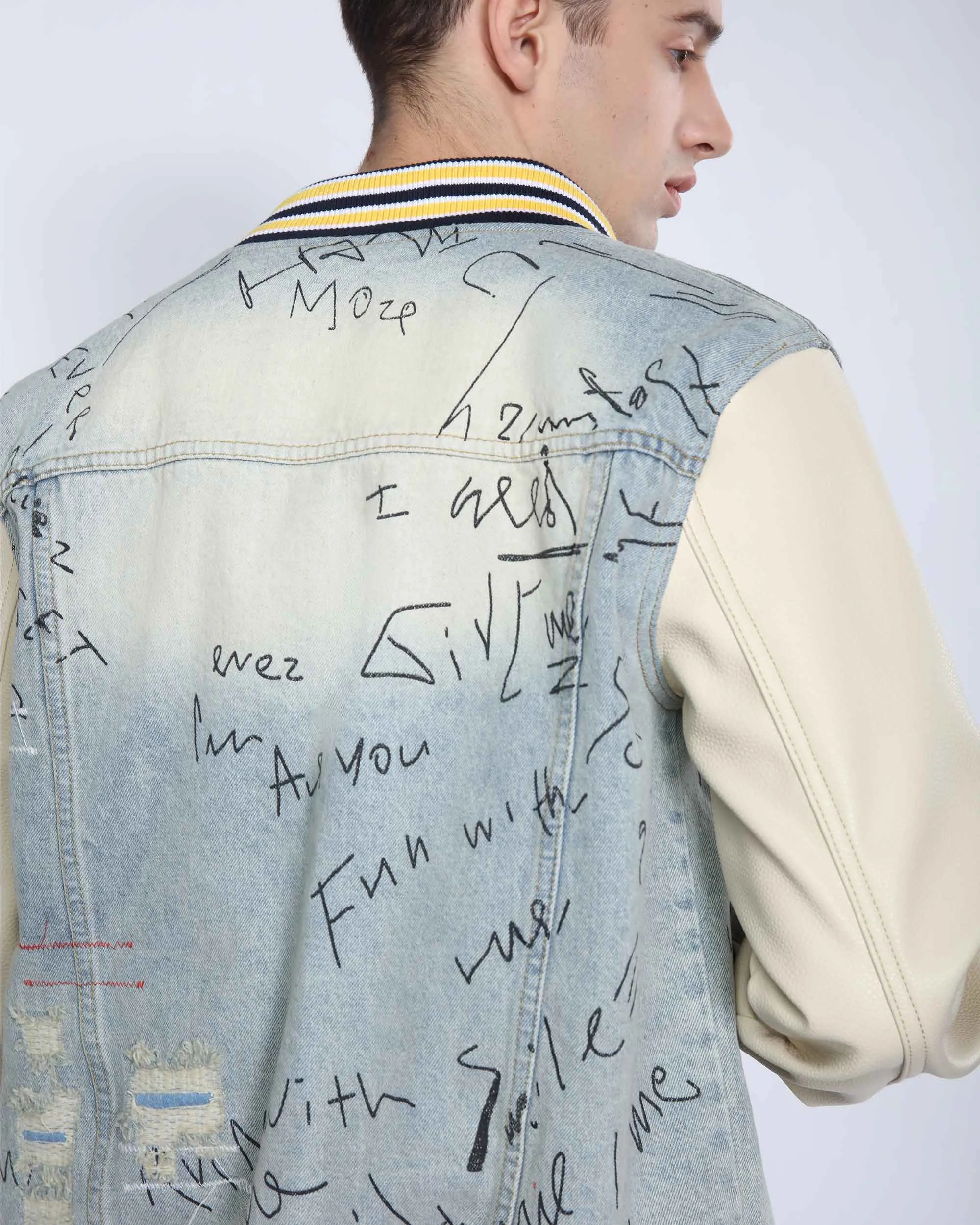Retro Baseball Denim Jacket with Distressed Details