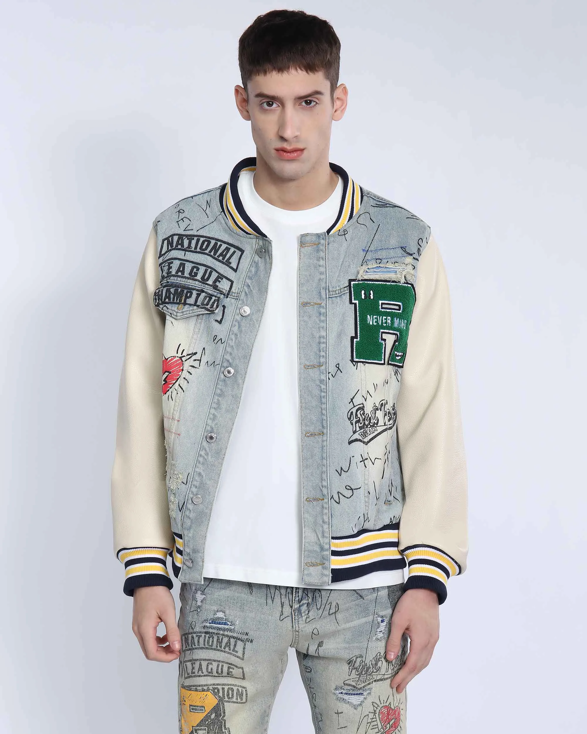 Retro Baseball Denim Jacket with Distressed Details