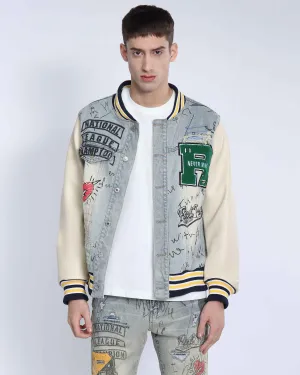 Retro Baseball Denim Jacket with Distressed Details