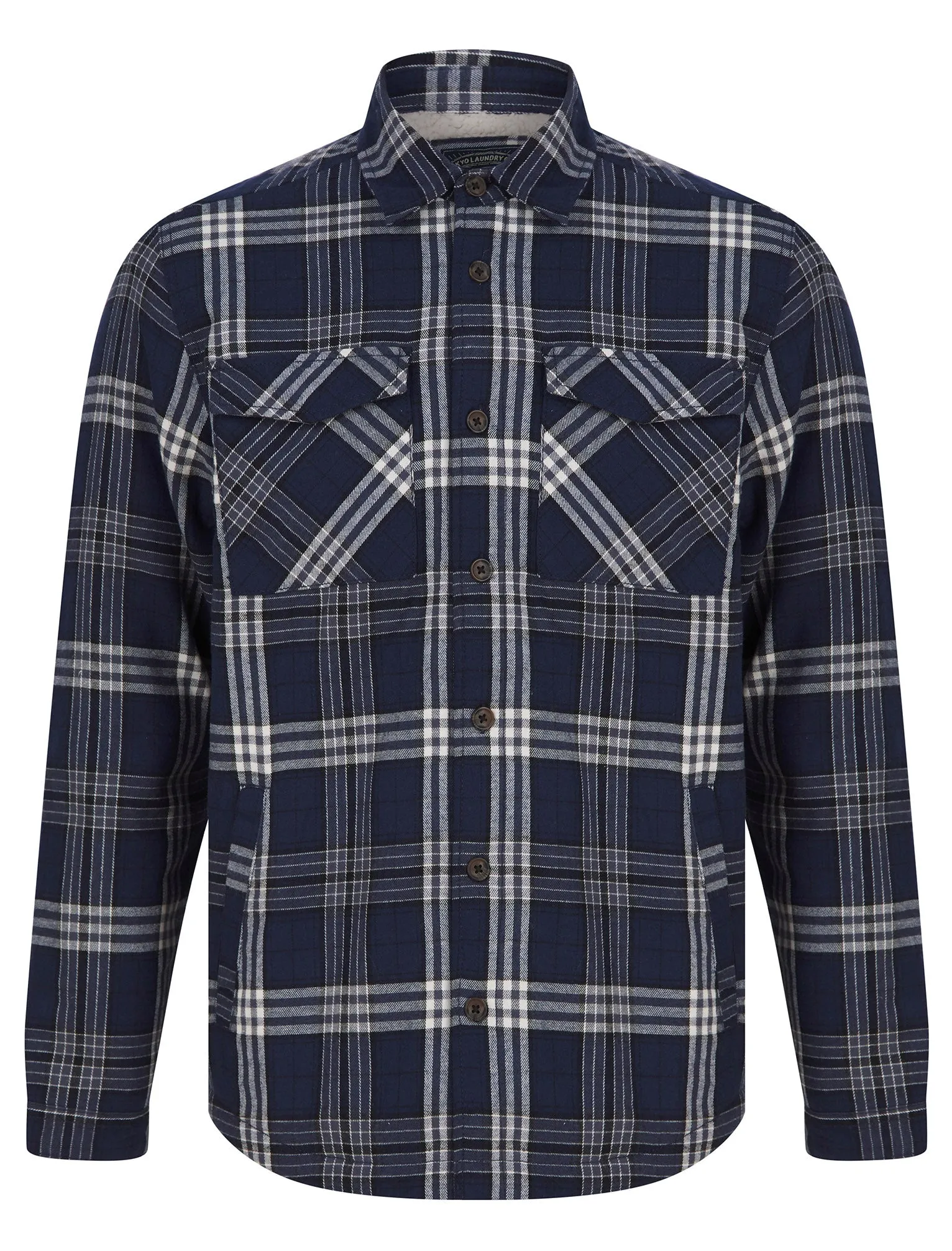 San Juan Borg Lined Cotton Flannel Checked Overshirt Jacket in Peacoat Navy Marl - Tokyo Laundry