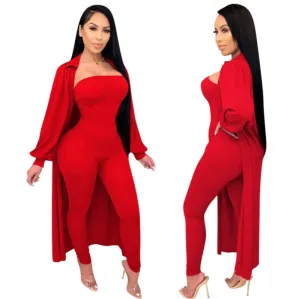 Threaded Cape Jacket and Red Jumpsuit Set