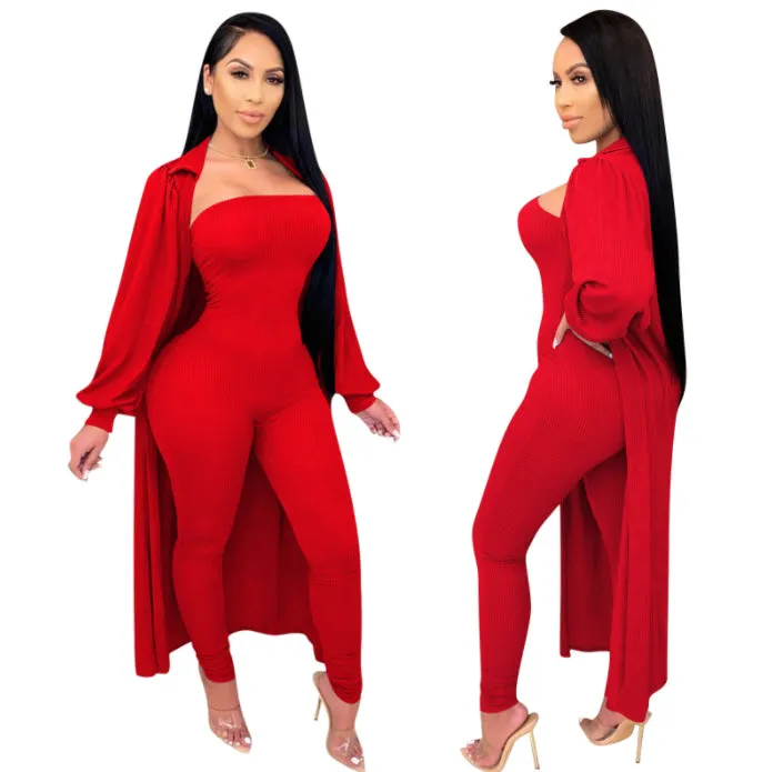 Threaded Cape Jacket and Red Jumpsuit Set