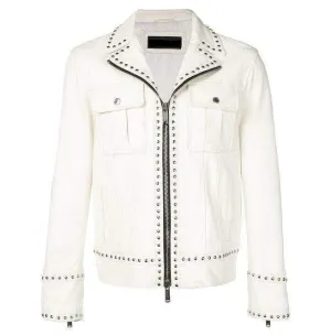White Studded Leather Jacket Motorcycle Fashion Leather Jacket